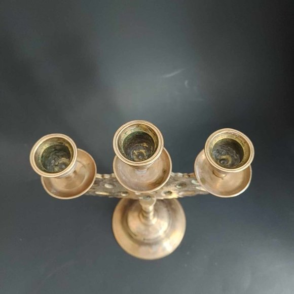 Vintage Chinese Brass Hand Engraved Dragons Candelabra 3 Candle 10" Candlestick - Picture 5 of 8